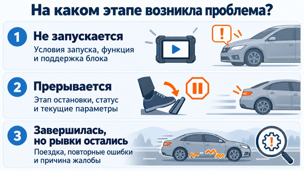 Три ситуации при адаптации DSG: не запускается, прерывается, завершается без устранения рывков