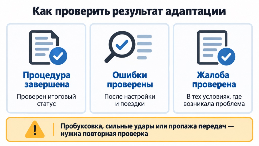 Проверка результата адаптации DSG: статус завершения, ошибки после поездки и исходная жалоба
