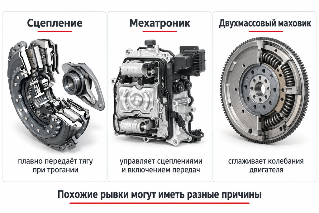 Сухое сцепление, мехатроник и двухмассовый маховик DSG DQ200 с пояснением их функций