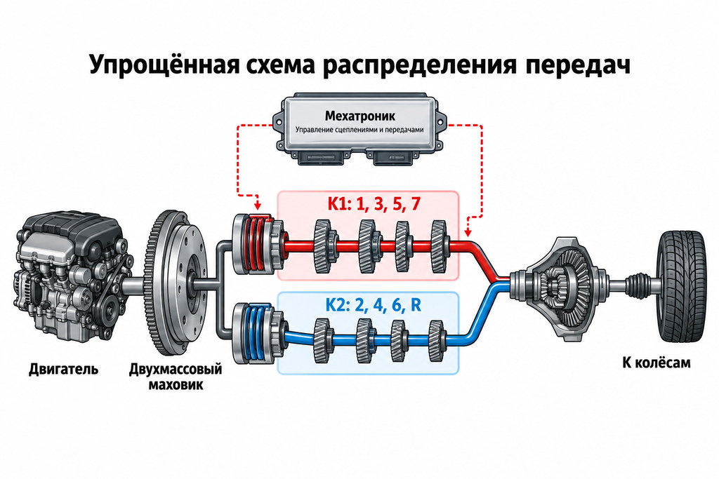 Распределение передач DSG DQ200 между сцеплениями K1 и K2