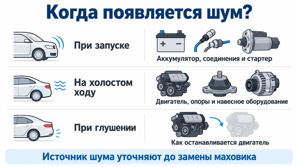 Что проверяют при шуме во время запуска, на холостом ходу и при глушении двигателя