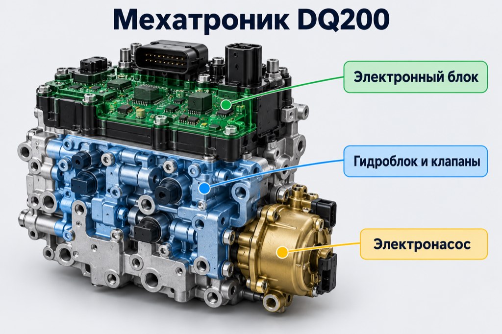 Основные части мехатроника DQ200: электронный блок, гидроблок с клапанами и электронасос