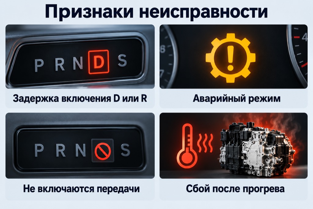 Признаки неисправности: задержка включения D или R, аварийный режим, отсутствие передач и сбой после прогрева