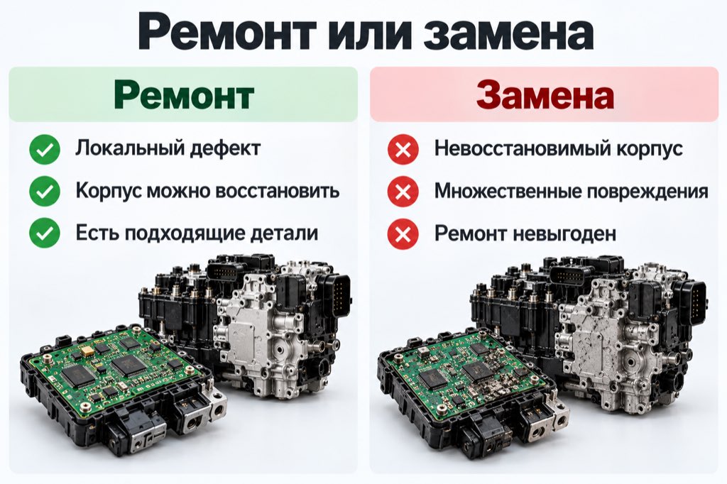 Что учитывают при выборе ремонта или замены мехатроника: характер повреждений, состояние корпуса, наличие деталей и стоимость
