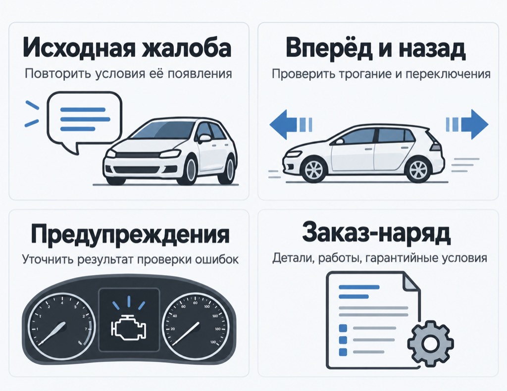 Что проверить после замены сцепления: исходную жалобу, движение вперёд и назад, предупреждения и документы